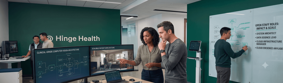 Hinge Health engineers reviewing clinical-grade computer vision architecture and patient data system diagrams on office monitors and whiteboards, next to a list of open staff roles